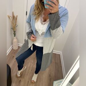 NWT blue gray charcoal colorblock hooded cardigan